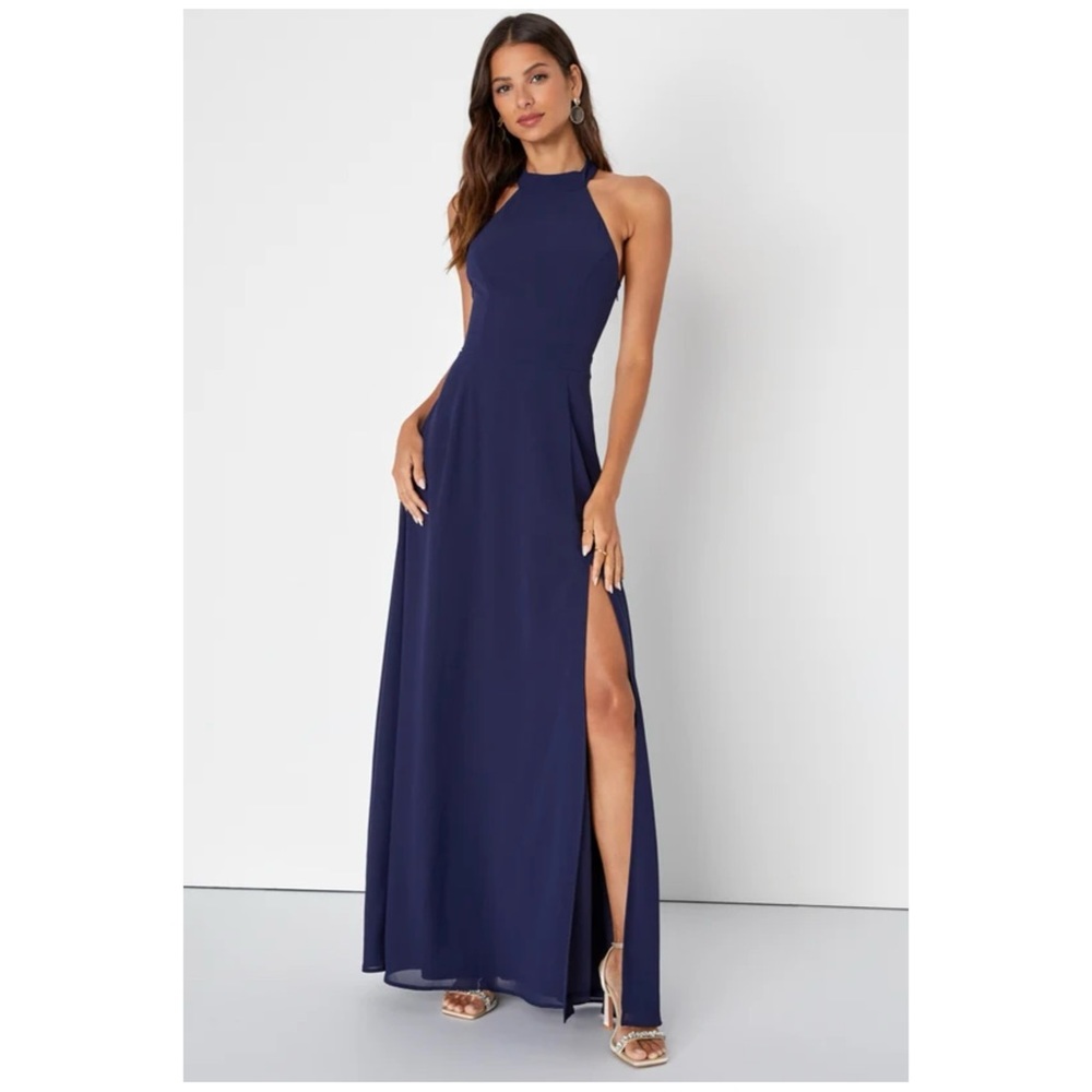 Confidently Charismatic Navy Blue Backless Halter Maxi Dress